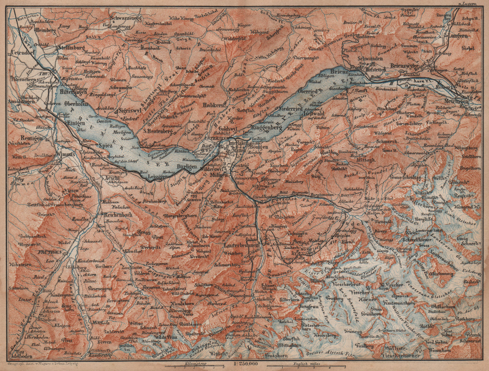BERNESE OBERLAND. Wengen Mürren Grundelwald Reutigen Interlaken Eiger 1893 map